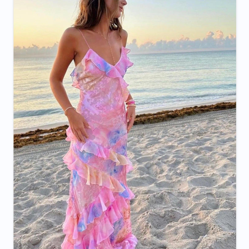 ANNABELLE | Maxi Zomerdress in Tie-Dye Pastel met Ruffles – Strandjurk met Open Rug