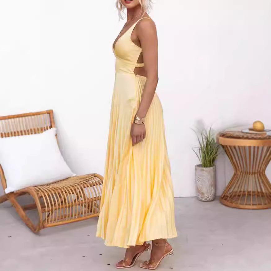 HANNE | Elegante Gele Plissé Maxi Jurk - Zomerjurk Dames