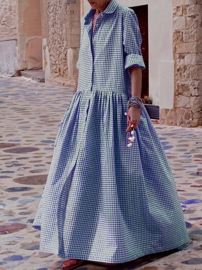 LIZIE | Gingham Maxi Overhemdjurk – Tijdloze Elegantie in Roze, Blauw & Donkergrijs