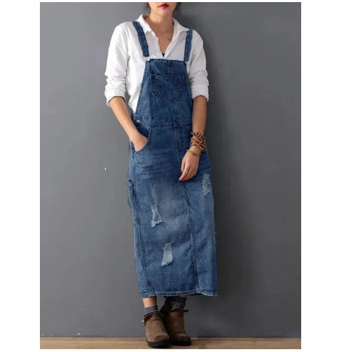 COCO | Denim Tuinjurk met Slijtagedetails – Casual & Stoer