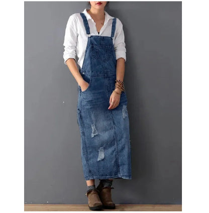 COCO | Denim Tuinjurk met Slijtagedetails – Casual & Stoer