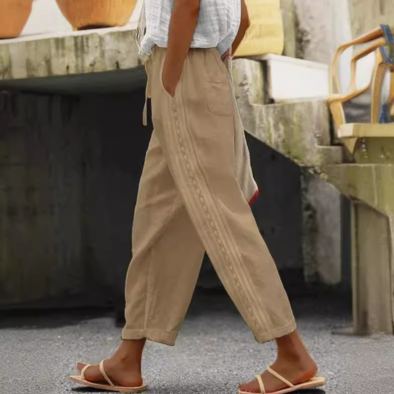 ÉLODIE | Linnen Broek Dames met Blauw Bloemenborduursel – Boho Witte Zomerbroek
