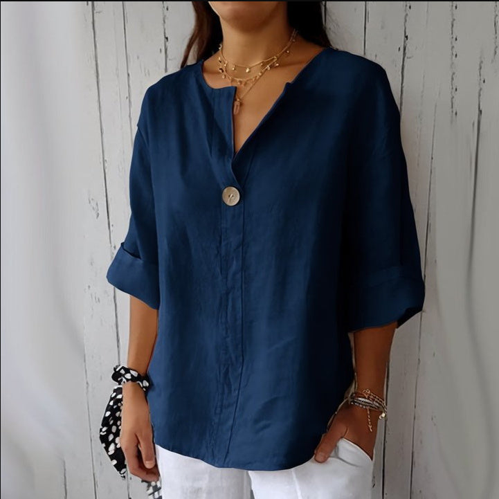 SILVIA | Linnen Blouse Dames met V-hals en Houten Knoop – Luchtige Zomer Top