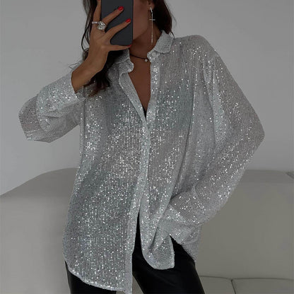 JELKE | Glitter Blouse met Pailletten – Partyproof in Zwart, Zilver & Apricot-Goud