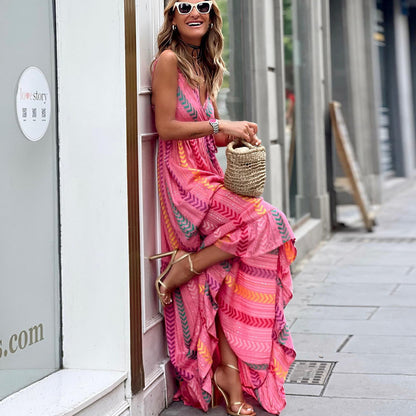 MAHA |  Roze Maxi Jurk Dames – Zomerse Lange Jurk met Print en Taillekoord