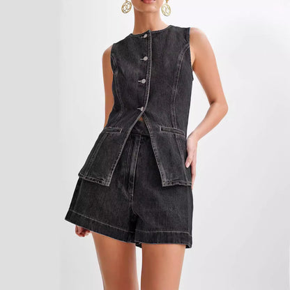 LINSEY |  Denim Gilet en Shorts Set Dames – Trendy Zomeroutfit van Stevig Denim