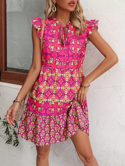 LAURIEN | Fuchsia Boho Zomerjurk – Kleurrijke Printjurk met Ruches