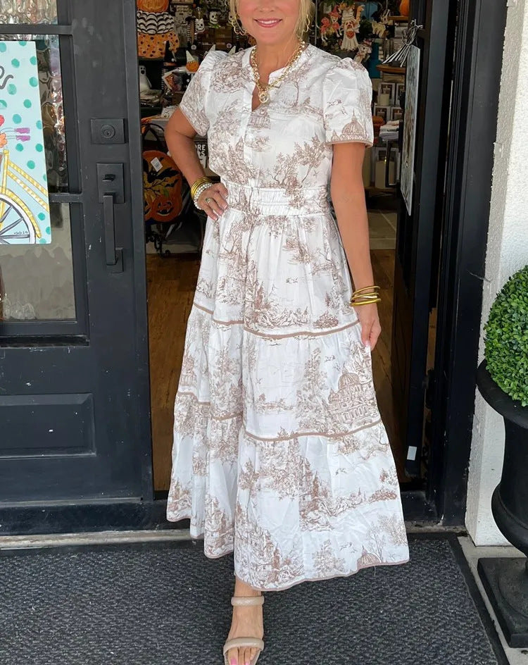 KAROLINA | Katoenen Doorknoopjurk met Vintage Print – Kraag & Korte Mouw