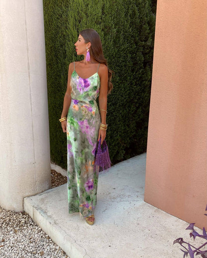 Satijnen Dames Co-ord Jurk met Tie-Dye Print – Off-Shoulder met Open Rug