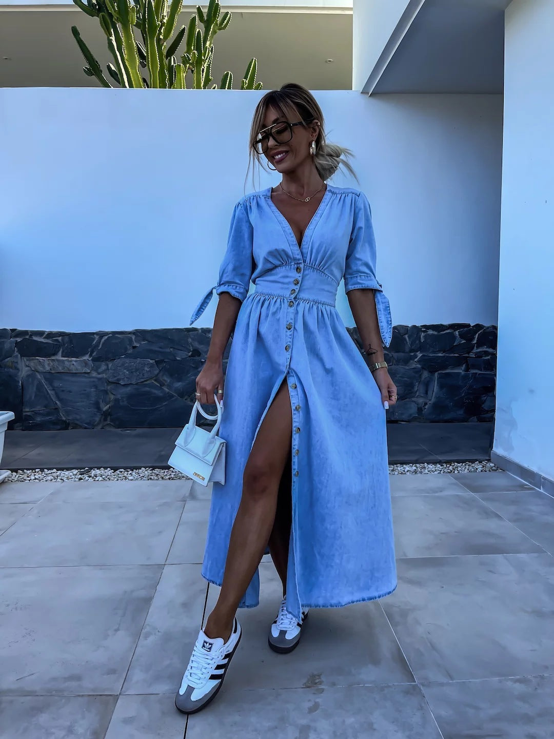 FELICIA | Denim Maxi Jurk – Casual Chic met Knopen & Strikmouwen