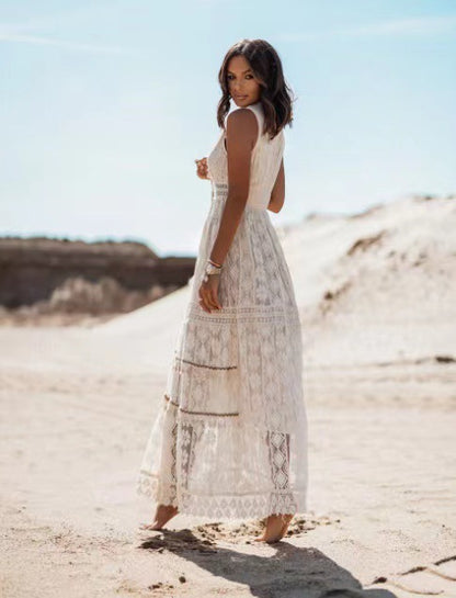 LOLA | Bohemian Witte Maxi Jurk met Kant – Luchtige Zomerjurk met Ibiza Vibe