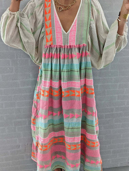 SHARON | Boho Maxi Jurk met Kleurrijke Strepen – Zomerse V-hals Jurk met 3/4 Mouwen