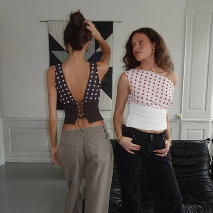 TRACY | Polkadot Crop Top Dames – Off-Shoulder Top met Open Rug en Vetersluiting