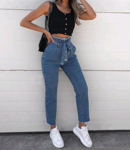 NIKA | Paperbag Jeans Dames met Hoge Taille - Denim Katoenen Broek