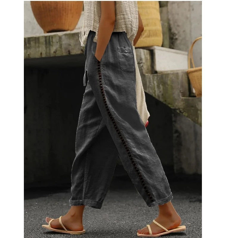 PAULINE | Linnen Broek Dames met Gehaakt Detail – Bohemian Zomerbroek met Kant