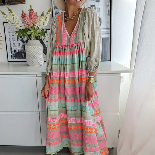 YUNE | Bohemian Maxi Jurk Dames - Kleurrijke Zomerjurk met V-Hals