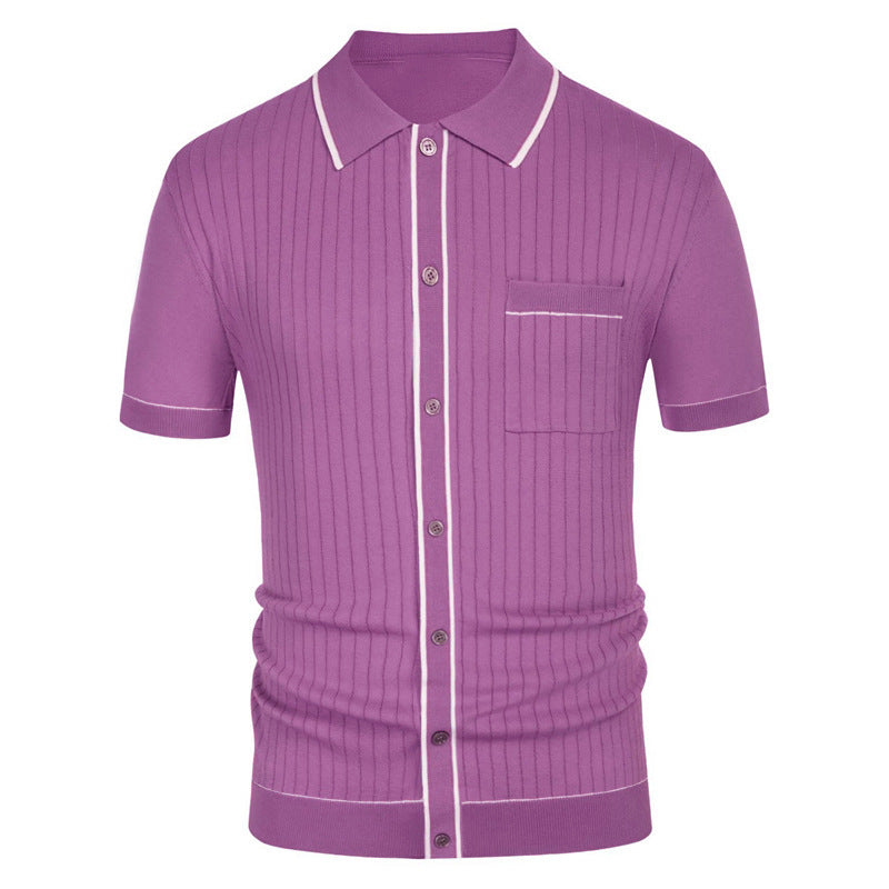 AARON | Gebreide Retro Polo Heren – Korte Mouw Shirt Met Knoopsluiting en Contrastbiezen
