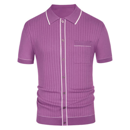AARON | Gebreide Retro Polo Heren – Korte Mouw Shirt Met Knoopsluiting en Contrastbiezen