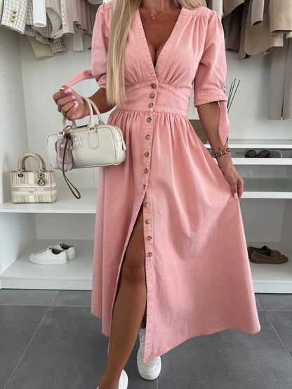 FELICIA | Denim Maxi Jurk – Casual Chic met Knopen & Strikmouwen