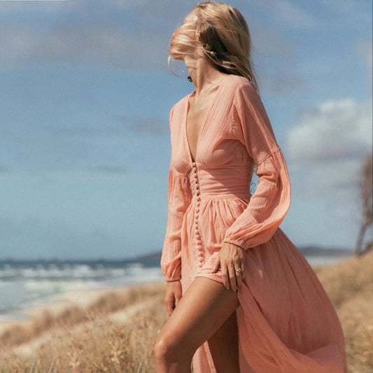 KATELIJN | Bohemian Maxi Jurk met Knoopsluiting – Luchtige Lange Mouwen
