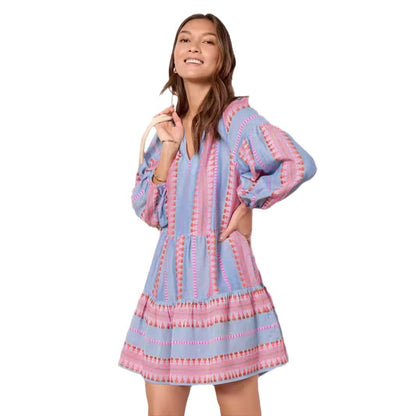 ELIN | Blauwe Boho Tuniekjurk – Luchtige Korte Zomerjurk met Borduursels