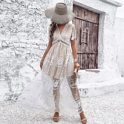 KELSY | Bohemian Kantjurk met V-Hals – Romantische Strandlook