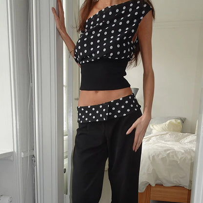 TRACY | Polkadot Crop Top Dames – Off-Shoulder Top met Open Rug en Vetersluiting