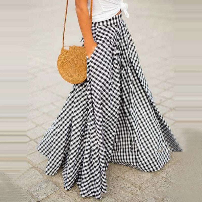 AMANDA | Maxi Rok met Ruitjesprint - Blauw-Wit en Zwart-Wit - Stijlvol en Boho
