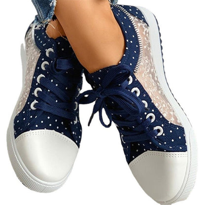 EMY | Luchtige Dames Sneakers – blauw met Kant & Polkadots