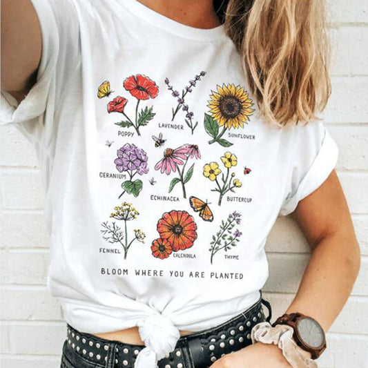 ROOS | Dames T-shirt “Bloom Where You Are Planted” – Wit Shirt met Bloemenprint