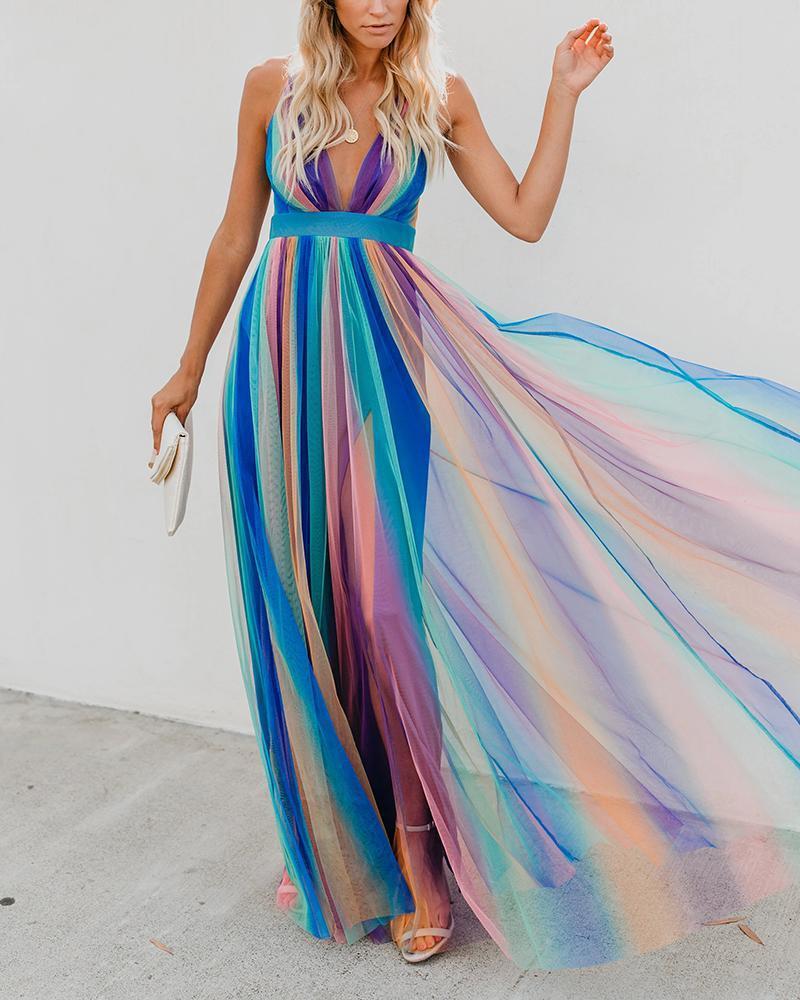 BESS | Regenboog Tule Avondjurk – Speelse Elegantie in Maxi-Lengte