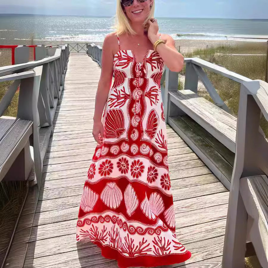 YBE | Zomerse Maxi-Jurk met Schelpenprint – Boho Chic voor Warme Dagen