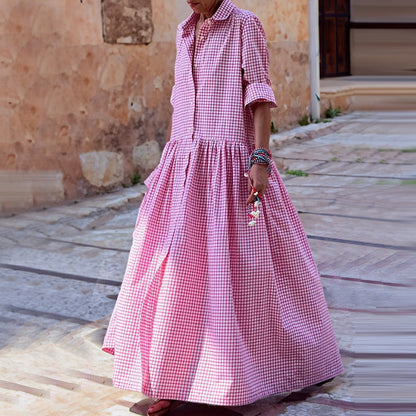 LIZIE | Gingham Maxi Overhemdjurk – Tijdloze Elegantie in Roze, Blauw & Donkergrijs