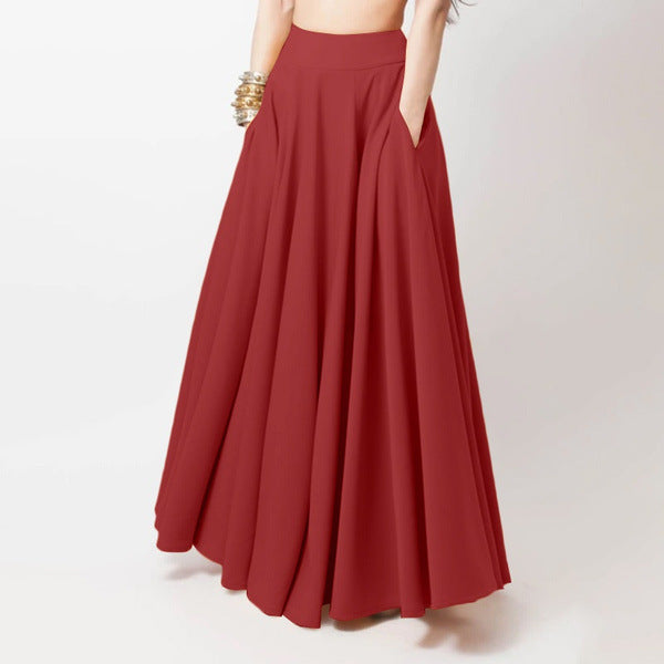 MARIA | Maxi Rok Dames met Hoge Taille, Zakken & Zwierige Plooi – Zomerrok in Zwart, Rood of Geel