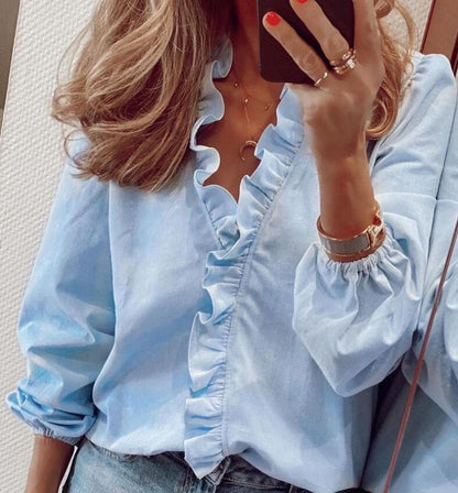 SILVIE | Ruffle V-Hals Top – Elegantie met een Speelse Twist