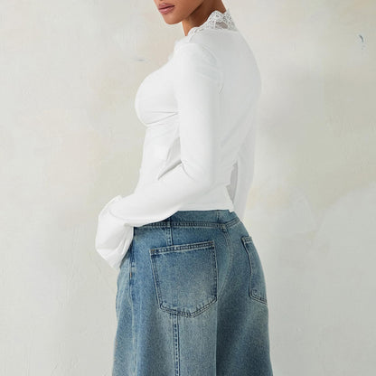 LIVIA | Top met Kant – Sexy V-Hals Longsleeve met Flared Mouwen