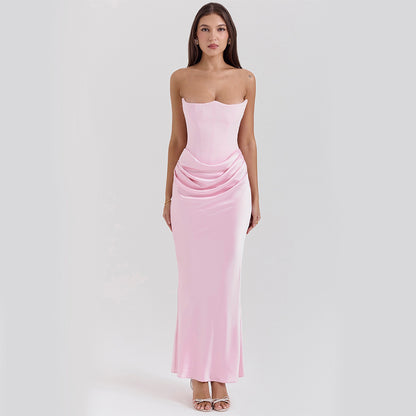 DIANA | Satijnen Strapless Avondjurk in Lichtroze – Corset Top & Drapé Details