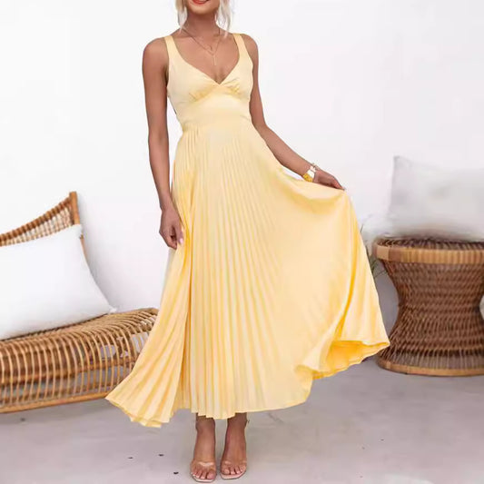 HANNE | Elegante Gele Plissé Maxi Jurk - Zomerjurk Dames