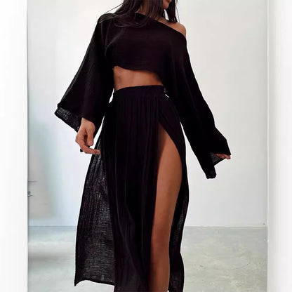 MANON | Off Shoulder Set met Maxi Split Rok – Zomerse Dames Co-ord Set