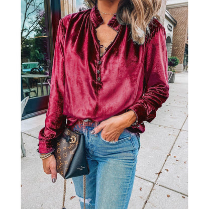 FAYE | Velvet Ruffle Blouse – Luxe Glans & Elegante Details