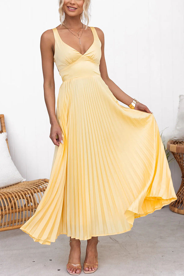 HANNE | Elegante Gele Plissé Maxi Jurk - Zomerjurk Dames