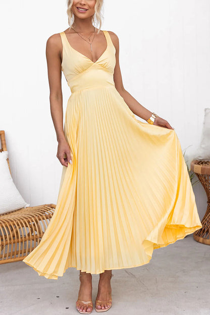 HANNE | Elegante Gele Plissé Maxi Jurk - Zomerjurk Dames