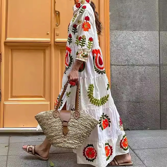 TISCHA | Geborduurde Boho Maxi Jurk – Kleurrijke Zomerjurk met Bloemenprint
