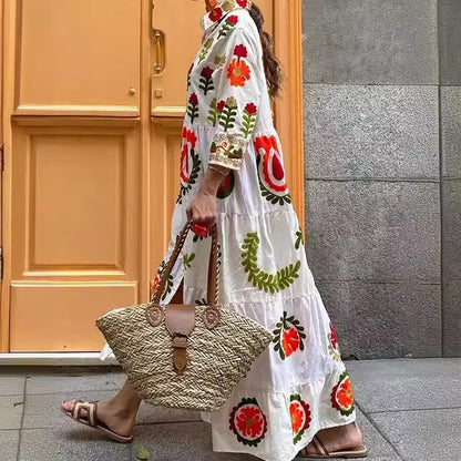 TISCHA | Geborduurde Boho Maxi Jurk – Kleurrijke Zomerjurk met Bloemenprint
