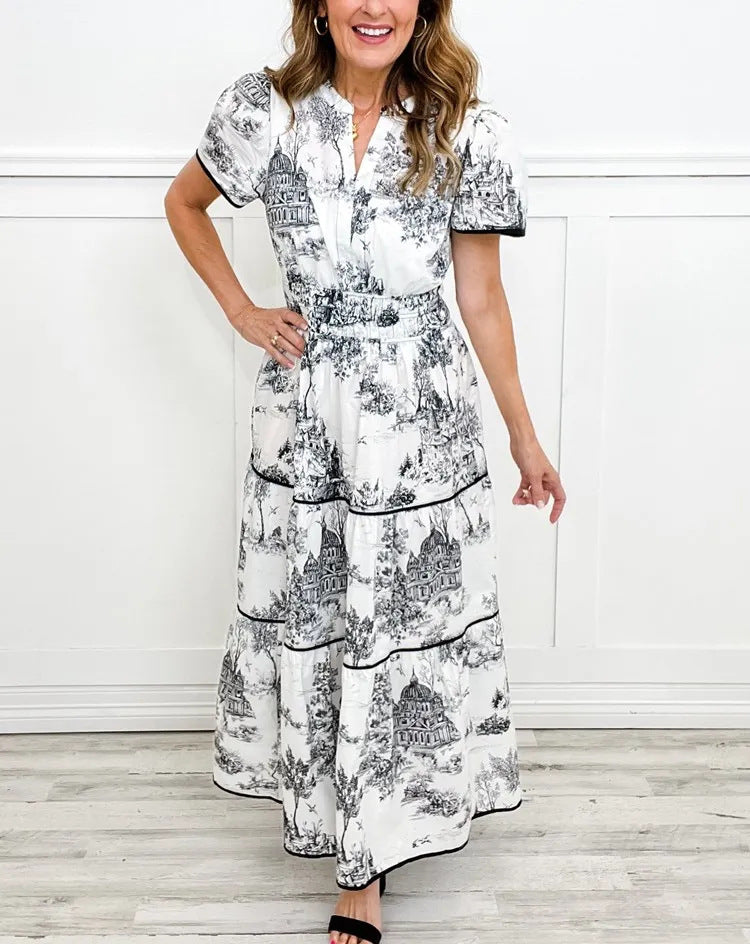 KAROLINA | Katoenen Doorknoopjurk met Vintage Print – Kraag & Korte Mouw