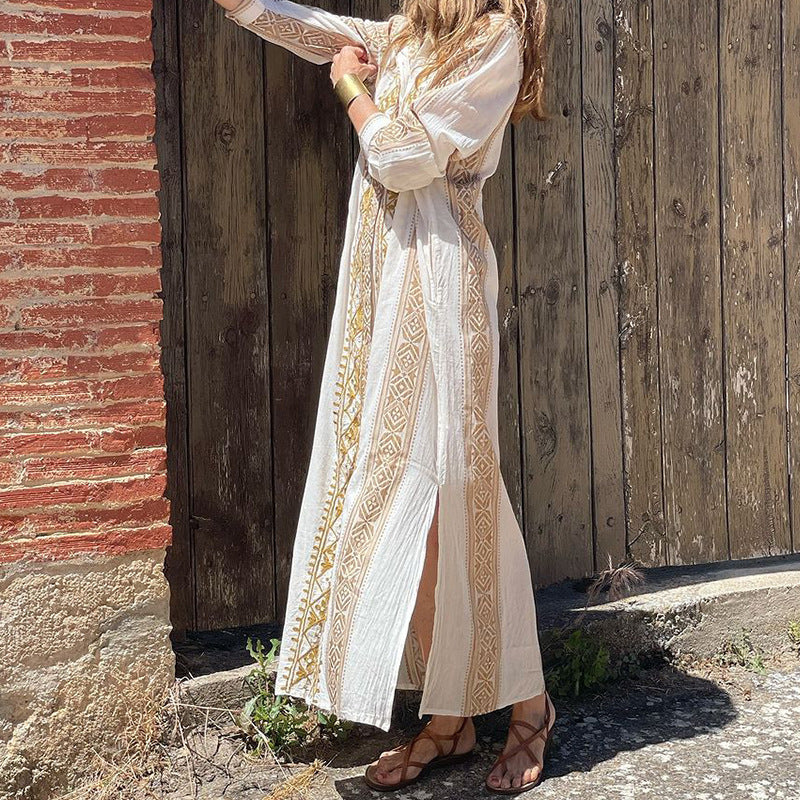 AYANA | Boho Maxi Jurk met Etnisch Borduursel – Luxe Doorknoopjurk