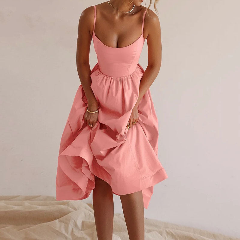 ALISON | Zomerse Midi Jurk Dames – Spaghettibandjes en Wijd Uitlopende Rok