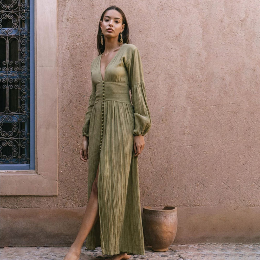 KATELIJN | Bohemian Maxi Jurk met Knoopsluiting – Luchtige Lange Mouwen