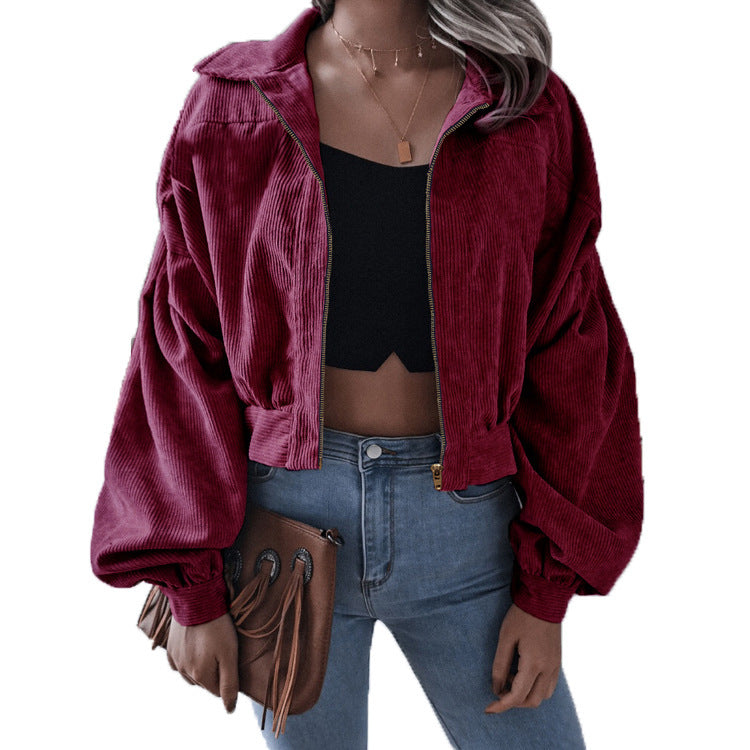LAMIA | Corduroy Bomberjack Dames – Cropped Jack met Rits en Ballonmouwen