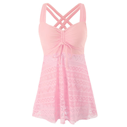 EVA | Elegante Tankini Jurk met Kant – Flatterend Badpak met Rokje en Gekruiste Rugbandjes